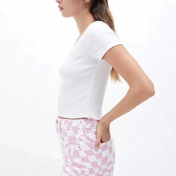 PacSun Pink Checkerboard High Waisted Denim Festival Shorts. Size 22 Petite - Picture 10 of 12